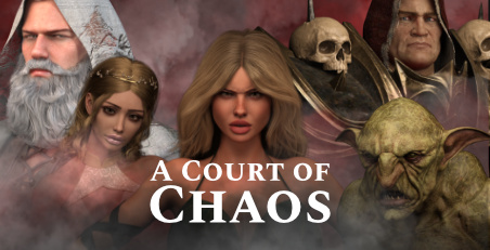 Poster for the lewd game 'A Court of Chaos', featuring a mix of menacing and angry,  characters as well as one more innocent looking woman.