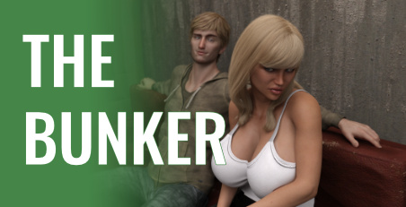 Poster for the first of my Renpy lewd games 'The Bunker' with a man and a woman on the couch. The man looks confident, whereas the womoan looks uncomfortable and dejected.