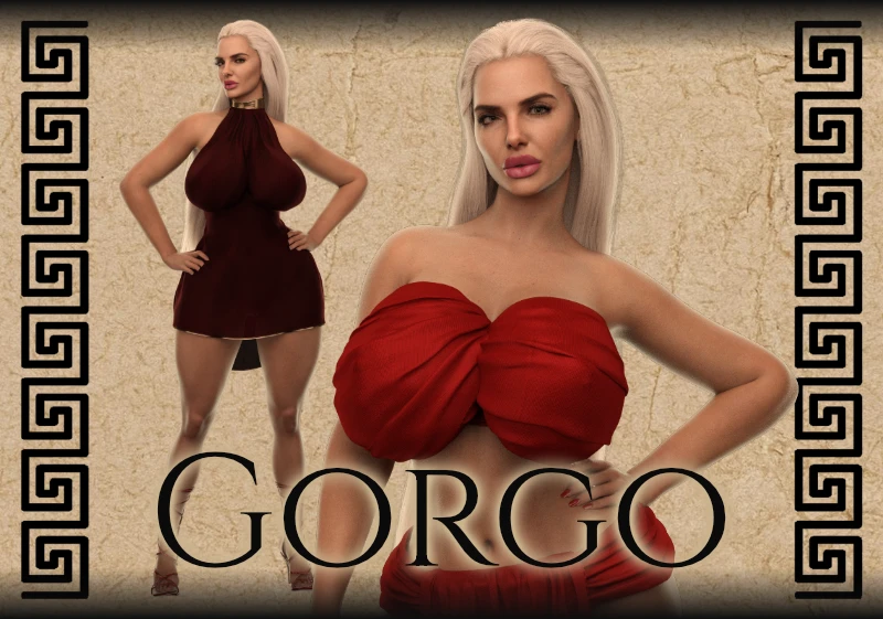 Gorgo standing proud against a brown scroll background with a classical greek pattern.